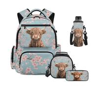 HUIACONG Sac à dos pour enfants 4 pièces avec sac à déjeuner, pochette à crayons et poche pour bouteille d'eau, Highland Cattle Cherry Blossom, One Size