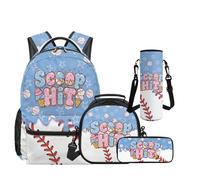 HUIACONG Sac à dos pour enfants pour l'école 4 pièces Sac à dos pour ordinateur portable avec boîte à déjeuner, trousse à crayons et pochette pour bouteille d'eau pour le collège, Baseball Scoop Hit