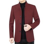HUIANGLIYG Blazer À Chevrons pour Homme, Veste de Costume Vintage en Tweed de Laine Mélangée, Col Mandarin, Simple Boutonnage, Manteau en Laine Décontracté, Coupe Vent, Bordeaux, Taille L