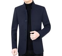 HUIANGLIYG Blazer À Chevrons pour Homme, Veste de Costume Vintage en Tweed de Laine Mélangée, Col Mao, Simple Boutonnage, Manteau en Laine Décontracté, Coupe Vent, Bleu Marine, Taille L