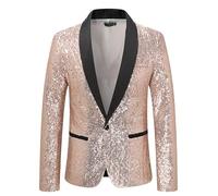 HUIANGLIYG Blazer À Sequins pour Hommes Col Châle Noir en Satin Un Bouton, Veste Smoking Ajustée avec Poches, Veste de Soirée Pailletante et Paillettante, Veste de Soirée pour Bal de Promo Boî