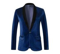 HUIANGLIYG Blazer en Velours pour Homme, Veste de Costume Slim Unie À Un Bouton, Manteau de Sport avec Poche, Col Châle, Veste de Smoking pour Dîner, Bal, Mariage, Bleu, Taille M