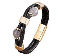 HUIANGLIYG Bracelet Bohème En Cuir Et Pierre Naturelle Pour Homme Et Femme. Bracelet Jonc Tressé Double Couche Avec Fermoir Magnétique. Manchette Classique Tissée À La Main, Couleur Or, 1 X 21 Cm.