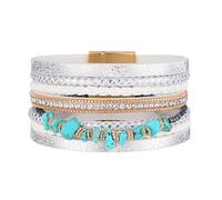 HUIANGLIYG Bracelet Bohème en Cuir Tressé Fait Main pour Femme, Multicouches Irrégulières, Turquoise, avec Strass, Style ethnique Vintage, Larges Bracelets, Bijoux Cadeaux, Blanc, 20 Cm