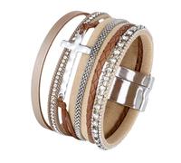 HUIANGLIYG Bracelet Bohème en Cuir Tressé Multicouches avec Strass et Croix, avec Fermoir Magnétique, Style ethnique, Bijou Tendance, Cadeau, Kaki, 18,5 Cm