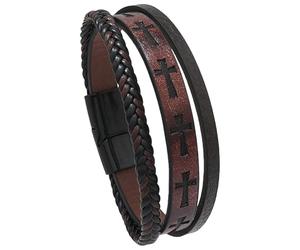 HUIANGLIYG Bracelet Croix En Cuir Pour Homme, Tressé À La Main, Plusieurs Couches, Avec Fermeture Magnétique. Bracelet Jonc Religieux Commémoratif, Cadeau Pour Homme Et Femme, Marron, 21,5 Cm.