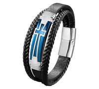 HUIANGLIYG Bracelet Croix Épaisse Pour Homme, Bracelet Religieux Chrétien En Cuir Tressé À Double Rangée Avec Fermoir Magnétique, Bijoux Punk, Cadeau Pour Papa, Frère Et Amis, Bleu 23 Cm