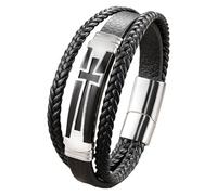 HUIANGLIYG Bracelet Croix Épaisse Pour Homme, Bracelet Religieux Chrétien En Cuir Tressé À Double Rangée Avec Fermoir Magnétique, Bijoux Punk, Cadeau Pour Papa, Frère Et Amis, Noir 19 Cm