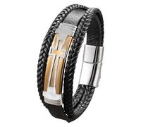 HUIANGLIYG Bracelet Croix Épaisse Pour Homme, Bracelet Religieux Chrétien En Cuir Tressé À Double Rangée Avec Fermoir Magnétique, Bijoux Punk, Cadeau Pour Papa, Frère Et Amis, Or 21 Cm