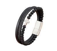 HUIANGLIYG Bracelet Cuir Homme,Bracelet en Cuir et Perles de Pierre Naturelle pour Homme, Tressé Multicouche Noir avec Croix, Classique, Fait À La Main, Cadeau pour Mari, Petit Ami, Papa, Ag
