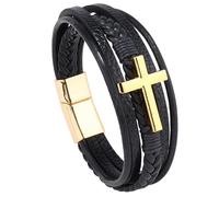 HUIANGLIYG Bracelet de Foi pour Homme en Cuir Véritable avec Croix Religieuse, Bracelet Tressé Multicouche pour Usage Quotidien À L'Église, Accessoires en Cuir Noir et Or, 19 Cm