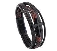 HUIANGLIYG Bracelet de Foi pour Homme en Cuir Véritable avec Croix Religieuse, Bracelet Tressé Multicouche pour Usage Quotidien À L'Église, Accessoires en Cuir Marron et Noir, 19 Cm