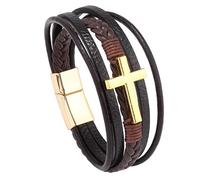 HUIANGLIYG Bracelet de Foi pour Homme en Cuir Véritable avec Croix Religieuse, Bracelet Tressé Multicouche pour Usage Quotidien À L'Église, Accessoires en Cuir Marron et Or, 19 Cm