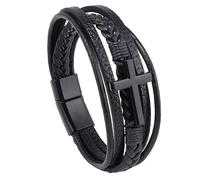 HUIANGLIYG Bracelet de Foi pour Homme en Cuir Véritable avec Croix Religieuse, Bracelet Tressé Multicouche pour Usage Quotidien À L'Église, Accessoires en Cuir Noir, 19 Cm