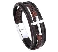 HUIANGLIYG Bracelet de Foi pour Homme en Cuir Véritable avec Croix Religieuse, Bracelet Tressé Multicouche pour Usage Quotidien À L'Église, Accessoires en Cuir Marron et Argent, 19 Cm