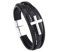 HUIANGLIYG Bracelet de Foi pour Homme en Cuir Véritable avec Croix Religieuse, Bracelet Tressé Multicouche pour Usage Quotidien À L'Église, Accessoires en Cuir Noir et Argent, 23 Cm
