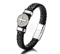 HUIANGLIYG Bracelet de Foi pour Homme, Fait Main, en Cuir Tressé, avec Fermoir Magnétique, Style Viking Vintage, Bijoux Religieux, Cadeaux pour Lui, Noir, 22 Cm