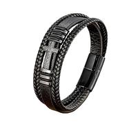 HUIANGLIYG Bracelet de Foi pour Hommes Bracelet en Cuir Tressé Noir Multicouches avec Croix Cubique en Zircone et Fermoir Magnétique Bijoux Chrétiens Classiques Cadeau pour Lui Petit Ami Papa Mar
