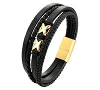 HUIANGLIYG Bracelet En Cuir Avec Initiale Pour Homme, Bracelet En Cuir Noir Avec Fermoir Magnétique, Bijoux Cadeaux Pour Papa, Mari, Frère, Petit Ami, Fils, Grand-Père, Or, 19 Cm