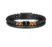 HUIANGLIYG Bracelet en Cuir avec Pierre Œil de Tigre pour Homme, Bracelet Classique Tressé À Double Rangée avec Lettre Az, Simple Bracelet Fait Main Noir, Cadeau pour Mari, Père, Fils, Annivers