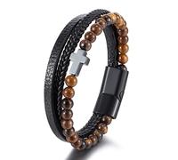 HUIANGLIYG Bracelet en Cuir Croisé pour Homme, Perles en Pierre Naturelle, Bracelet en Cuir Tressé Multicouche Noir, Bracelet Manchette Catholique pour Homme, Bijoux de Noël et de Pâques, Pierre