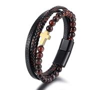HUIANGLIYG Bracelet en Cuir Croisé pour Homme, Perles en Pierre Naturelle, Bracelet en Cuir Tressé Multicouche Noir, Bracelet Manchette Catholique pour Homme, Bijoux de Noël et de Pâques, Pierre