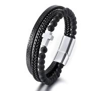HUIANGLIYG Bracelet en Cuir Croisé pour Homme, Perles en Pierre Naturelle, Bracelet en Cuir Tressé Multicouche Noir, Bracelet Manchette Catholique pour Homme, Bijoux de Noël et de Pâques, Pierre