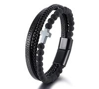 HUIANGLIYG Bracelet en Cuir Croisé pour Homme, Perles en Pierre Naturelle, Bracelet en Cuir Tressé Multicouche Noir, Bracelet Manchette Catholique pour Homme, Bijoux de Noël et de Pâques, Pierre