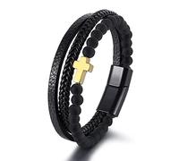 HUIANGLIYG Bracelet en Cuir Croisé pour Homme, Perles en Pierre Naturelle, Bracelet en Cuir Tressé Multicouche Noir, Bracelet Manchette Catholique pour Homme, Bijoux de Noël et de Pâques, Pierre