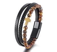 HUIANGLIYG Bracelet en Cuir Croisé pour Homme, Perles en Pierre Naturelle, Bracelet en Cuir Tressé Multicouche Noir, Bracelet Manchette Catholique pour Homme, Bijoux de Noël et de Pâques, Pierre