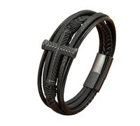 HUIANGLIYG Bracelet En Cuir Croisé Pour Hommes Et Femmes, Bracelet Chrétien Classique Multicouche Fait À La Main Avec Fermoir Magnétique, Bijoux Punk Tendance, Cadeau Pour Hommes, Noir, 21 Cm