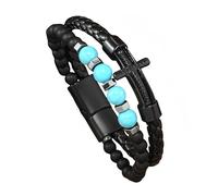 HUIANGLIYG Bracelet en Cuir Croix pour Hommes Bracelet en Cuir Tressé Double Brin Brassard en Pierre Naturelle Brassard Religieux pour Hommes Bijoux Chrétiens Vintage Cadeaux pour Lui Turquoise 21