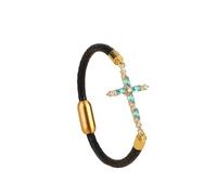 HUIANGLIYG Bracelet en Cuir de Foi pour Femmes Bracelet en Cuir Tressé en Forme de Croix avec Cristaux Cubiques de Zirconie, Gourmette Fin Bohème, Brassard Religieux Bijou Cadeau pour Adolescentes