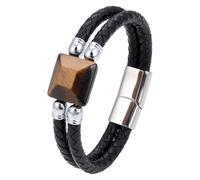 HUIANGLIYG Bracelet En Cuir Œil De Tigre Pour Homme, Double Rangée De Tresses, Fermoir, Œil De Tigre Jaune Naturel, Bracelet Manchette En Cuir Noir, Bijou Pour Homme, Blanc, 23 Cm