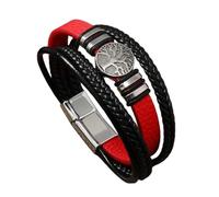 HUIANGLIYG Bracelet en Cuir Life Tree pour Hommes, Bracelet en Cuir Tressé Multicouches avec Fermoir Magnétique, Bracelet Vintage Viking, Bijoux Uniques Faits Main pour Lui, Noir et Rouge 22 Cm