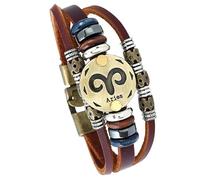HUIANGLIYG Bracelet En Cuir Marron Style Bohème, Orné De Perles Et De Motifs Du Zodiaque, Pour Homme Et Femme. Bijou Astrologique, Cadeau Pour Les Passionnés D'Horoscope (Bélier), 21 Cm.