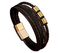 HUIANGLIYG Bracelet En Cuir Multicouche Tissé À La Main Pour Homme Avec Fermoir Magnétique, Style Ethnique Créatif, Simple, Cadeau Pour Papa, Petit Ami, Mari, Couple, Café-Or, 19 Cm