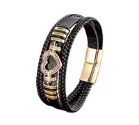 HUIANGLIYG Bracelet en Cuir Multicouches pour Hommes Bracelet en Cuir Tressé Noir avec Un Accent en Cœur en Cristal Étincelant Bijoux Rétro Tendance Cadeau pour Lui Son Cz Dor Rouge 21Cm