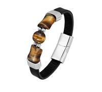 HUIANGLIYG Bracelet En Cuir Noir Pour Homme Avec Pierre Œil De Tigre Naturelle, Style Décontracté, Fermoir Magnétique, Bracelet Manchette Unisexe Blanc De 19 Cm, Idéal Pour Papa, Petit Ami Ou Mari.