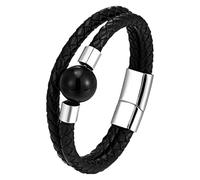 HUIANGLIYG Bracelet En Cuir Noir Pour Homme, Style Vintage, Double Couche Tressée, Fermoir Magnétique, Pierre Naturelle Ronde, Bijou Pour Homme, Père, Agate Noire, 21 Cm