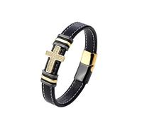 HUIANGLIYG Bracelet en Cuir Noir pour Hommes avec Bracelet en Zircone Cubique Tressé Fait Main Bracelet Religieux Bijoux Chrétiens Cadeau pour Lui Petit Ami Papa Mari Boucle Noire et Or 23 Cm