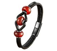 HUIANGLIYG Bracelet En Cuir Noir Tressé Pour Homme, Orné De Perles En Pierre Naturelle Et D'Un Fermoir Magnétique. Bijou Bohème Vintage Pour Homme, Mari Ou Petit Ami. Agate Rouge, 23 Cm.