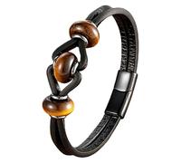 HUIANGLIYG Bracelet En Cuir Noir Tressé Pour Homme, Orné De Perles En Pierre Naturelle, Fermoir Magnétique, Style Bohème Vintage, Idéal Pour Un Mari Ou Un Petit Ami. 23 Cm.