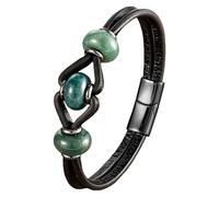 HUIANGLIYG Bracelet En Cuir Noir Tressé Pour Homme, Orné De Perles En Pierre Naturelle, Fermoir Magnétique, Style Bohème Vintage, Idéal Pour Un Mari Ou Un Petit Ami. Agate Verte, 21 Cm.