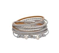 HUIANGLIYG Bracelet En Cuir Pour Femme, Perles D'Eau Douce, Empilable, Avec Strass, Fait Main, Style Bohème, Cadeau Pour Femme, Gris, 19,5 Cm