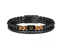 HUIANGLIYG Bracelet en Cuir pour Homme avec Pierre Œil de Tigre, Bracelet Classique Tressé À Double Rangée avec Lettre Az, Simple Bracelet Fait Main Noir, Cadeau pour Mari, Père, Fils, Annivers
