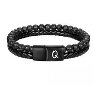 HUIANGLIYG Bracelet en Cuir pour Homme, Réglable, Double Rangée, Tressé, Perles de Lave Naturelles, Personnalisé, Lettre Majuscule Az, Manchette, Bijoux, Cadeau pour Mari, Père, Fils, Lettre Q,