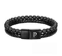 HUIANGLIYG Bracelet en Cuir pour Homme, Réglable, Double Rangée, Tressé, Perles de Pierre de Lave Naturelle, Personnalisé, Lettre Majuscule Az, Manchette, Bijoux, Cadeau pour Mari, Père, Fils,