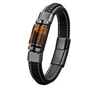 HUIANGLIYG Bracelet En Cuir Pour Homme, Style Décontracté, Pierre Naturelle Œil De Tigre, Noir, Monocouche, Tressé, Avec Fermoir Aimanté, Bijoux Cadeau Pour Papa, Petit Ami, Mari, Œil De Tigre, 21 Cm