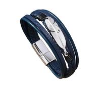 HUIANGLIYG Bracelet en Cuir pour Homme, Tressé À La Main, Multicouche, Orné D'Une Plume Argentée, Fermoir Magnétique Ajustable, Cadeau Attentionné pour Papa, Mari Ou Petit Ami, Bleu Foncé, 20